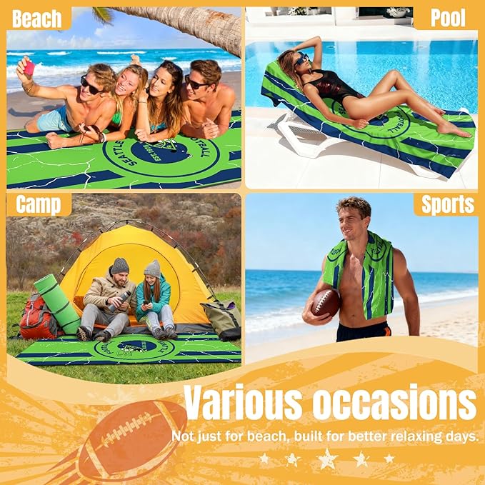 2 Pack Football Fan Thin Lightweight Microfiber Beach Towel Seattle Themed Quick Dry Absorbent Packable Oversized Towels Men Women Gear Seahawks Team Dad Husband Guy Him Christmas Cool Useful Gifts