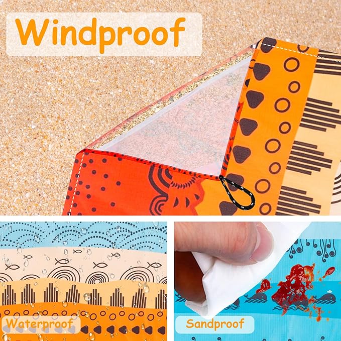 BEW Beach Blanket Waterproof Sandproof, Outdoor Picnic Blankets Sand Free for 4 Adults, Lightweight Quick Drying Beach Mat for Beach Travel, Camping, Hiking, Boho Beach Essentials Accessories