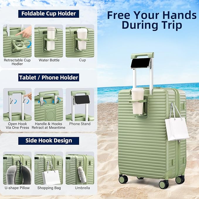 Hard Shell Suitcases 24 Inch Check in Luggage with Spinner Wheels Cup Holder, Lightweight Top Opening Expandable Luggage Hard Case Rolling Medium Checked Suitcase with Lock, Bamboo Green