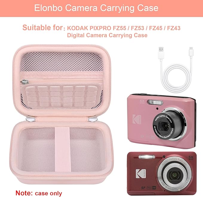 Elonbo Camera Carrying Case for KODAK PIXPRO FZ55 / FZ53 / FZ45 / FZ43 16MP Digital Camera, Vlogging Camera Storage Holder Travel Bag, Mesh Bag Fits Batteries, Cable, Memory Card, Card Reader, Pink