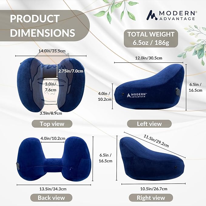 Modern Advantage Inflatable Travel Pillow for Airplanes with Comfort Hood, Adjustable Neck Support, Lightweight & Compact Flight Pillow for Sleeping on Long Flights & Travel (Blue)