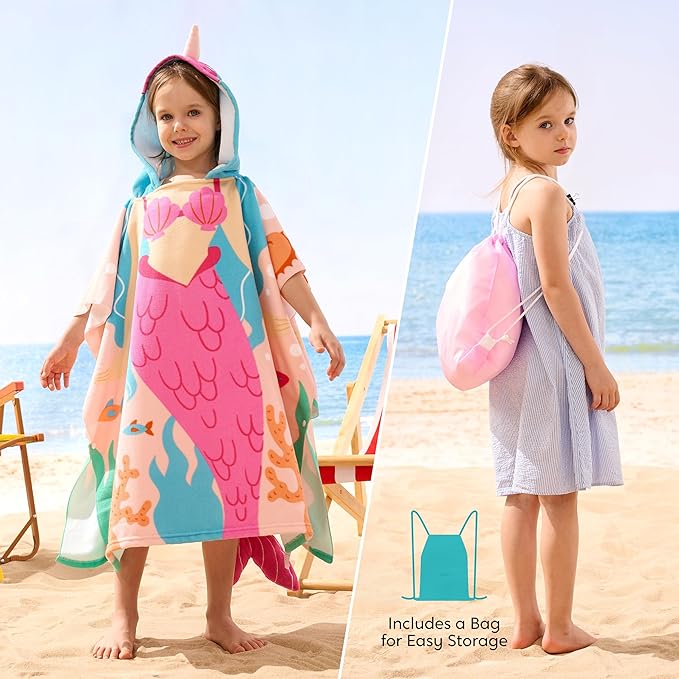 Joiedomi Kids Beach Towels with Hood for Girls Pink Mermaid Hooded Toddler Bath Towel Quick Dry Soft Microfiber 24"x24"