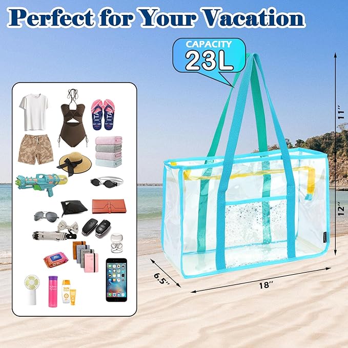 Clear Beach Bag for Women, Large Pool Tote Cruise Vacation Essentials - Zipper Closure, Waterproof, Sandproof