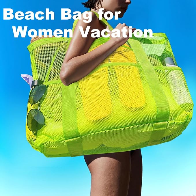 Mesh Beach Bag,Large Beach Bags for Women with 8 Pockets,Packable Tote Bag for Beach Cruise Pool Vacation Essentials