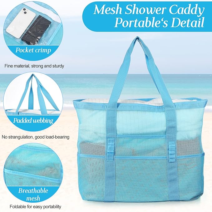 Hillban Large Beach Mesh Bags Bulk for Women Beach Tote Bag with 8 Pocket Zipper Waterproof Sandproof for Pool Cruise Ship