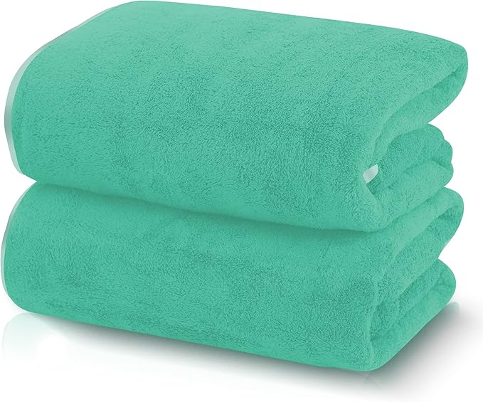 TENSTARS Silk Hemming Bath Towels for Bathroom Clearance - 27 x 55 inches - Light Thin Quick Drying - Soft Microfiber Absorbent Towel for Bath Fitness, Sports, Yoga, Travel, Gym - 2 Pack, Aqua Green