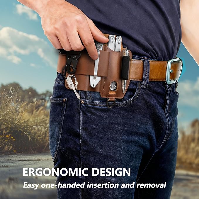 Genuine Leather EDC 5-Pocket Organizer Multitool Sheath for Leatherman Tool Pouch with Belt Clip,Small,Brown