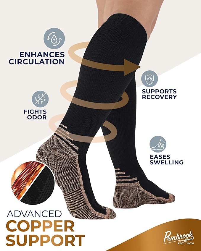 Pembrook 3 Pairs Copper Mens Compression Socks 20-30 mmHg, Running, Hiking, Athletic Cycling, Travel | Circulation Support