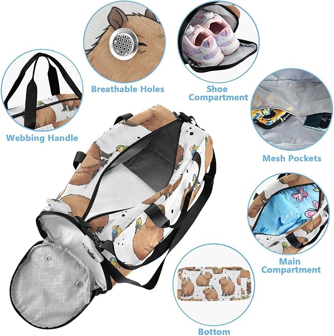 Capybara Bird White Pattern Kids Sports Duffle Bag for Boys Girls Toddler Weekender Overnight Bag with Shoe Compartment & Wet Pocket Kids Carry On Shoulder Bag for Travel Gym Sport Dance
