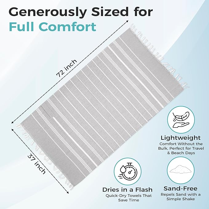 Turkish Beach Towel with Hidden Zipper Pocket 100% Cotton Oversized 72 x 37 Inches Quick Dry Sand Free Lightweight Compact for Beach, Pool, Travel, Bath, and Yoga (Light Gray)