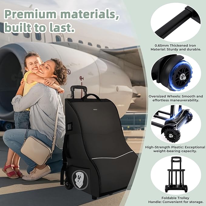 Rolling Car Seat Travel Bag with Wheels – Car Seat Backpack Transport Case for Airplane Travel, Fits Convertible & Booster Seats, Protective Storage Cover, Black