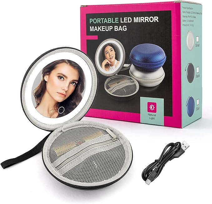 LED Makeup Mirror with Storage Pouch Portable Lighted Mirror, USB Rechargeable Travel Vanity Mirror with Waterproof Bag, 3 Color Modes, Gift for Women (Black)