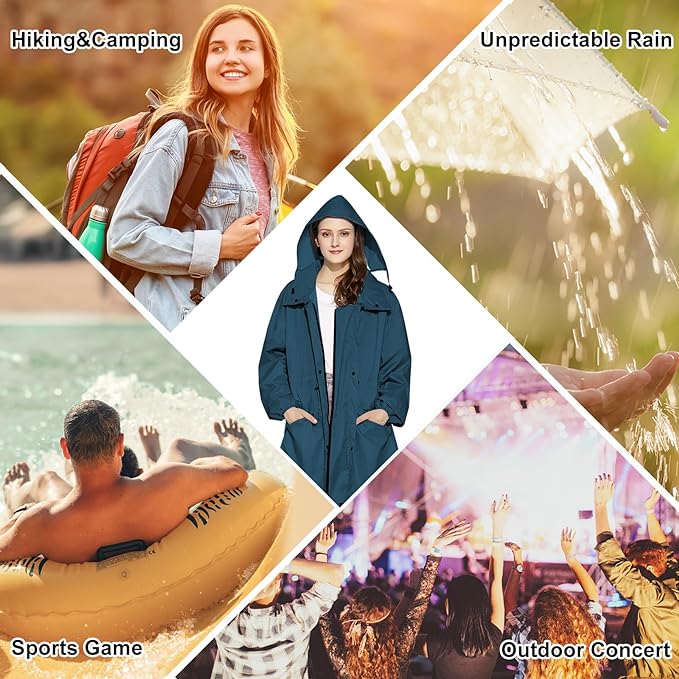 LAMA Womens Long Raincoats Rain Jacket Waterproof Packable Hooded Windbreaker Lightweight Adjustable Waist for Outdoor