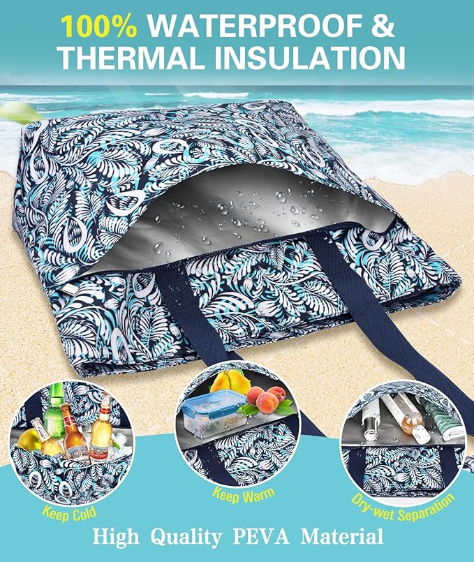HUANLANG Large Beach Bags for Women Pool Bag with Zipper, Waterproof Sandproof Beach Tote Travel Bag with Wet Pocket | Waterproof, Large capacity, Dry/wet separation, Durable fabric, Cooling function, sandproof