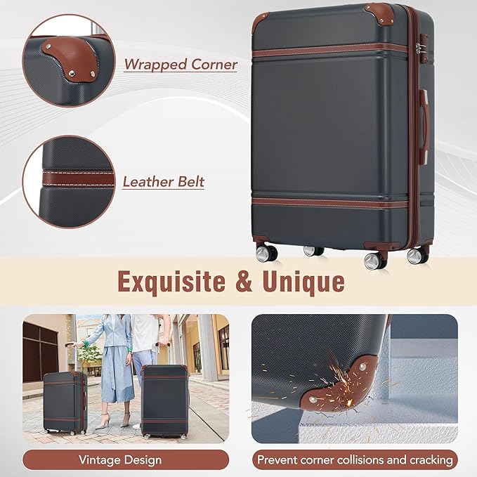 Merax 24 Inch Checked Luggage, Expandable Suitcase with Spinner Wheels, Hard Shell Vintage Luggage Set with TSA Lock(Black)