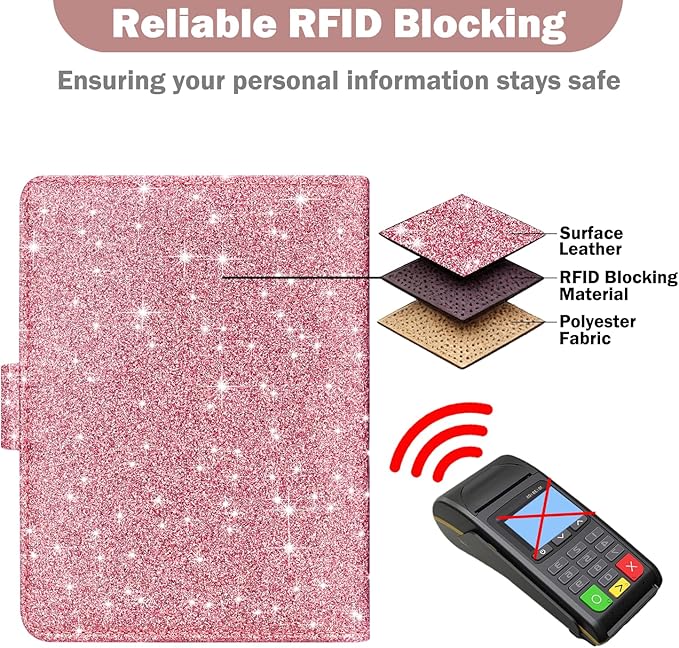 HOTCOOL Passport Holder Travel Essentials Airplane & Cruise Essentials Ship Leather Wallet Cover Case RFID Blocking Women & Men Vacation Travel Accessories Gifts Deals, Glitter - Pink
