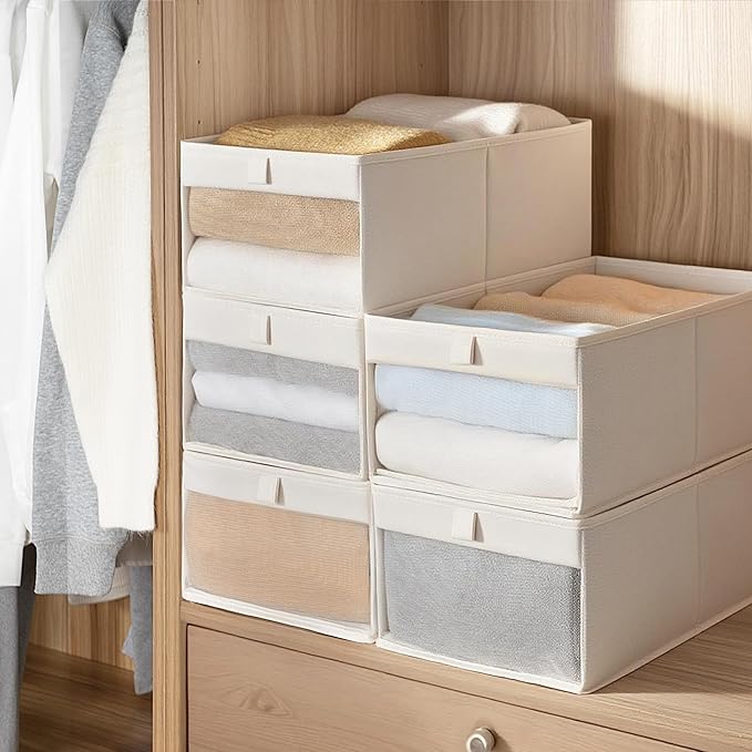 STORAGE MANIAC 4 Pack Storage Bins with Clear Window, Storage Boxes for Shelves, Sturdy Foldable Closet Organization Fabric Shelf Basket for Toy, Towel, Book, Jeans, Offices, Dorm, Wardrobe, Beige