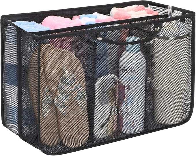 F-color Beach Bag Organizer Insert Compatible with Silicon Bag Original Large, Mesh Tote Liner with 10 Pockets & Adjustable Handle, Lightweight Divider Pouch for Beach Accessories Organizing, Black