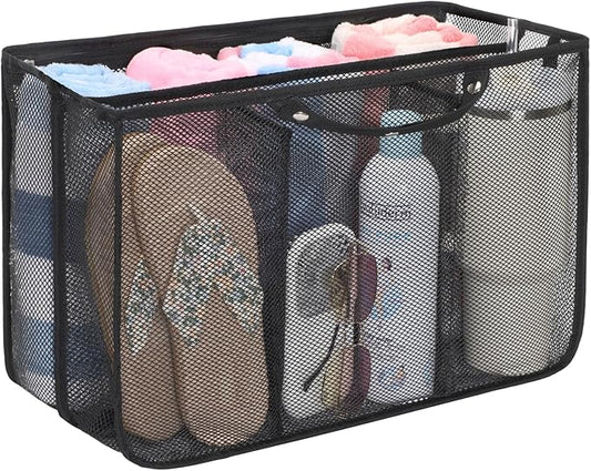F-color Beach Bag Organizer Insert Compatible with Silicon Bag Original Large, Mesh Tote Liner with 10 Pockets & Adjustable Handle, Lightweight Divider Pouch for Beach Accessories Organizing, Black
