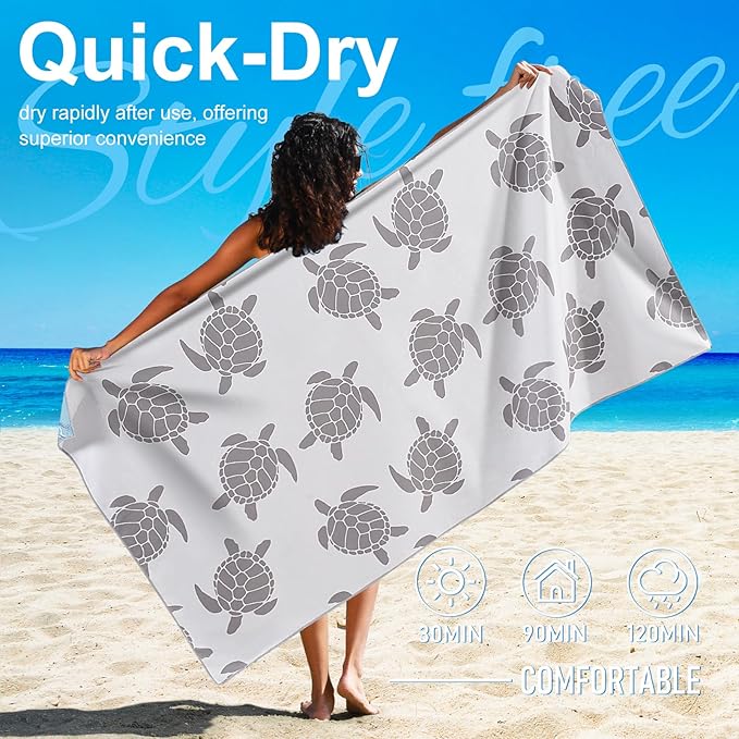 2 Packs Lightweight Thin Microfiber Beach Towel Oversized Quick Dry Compact Sandproof Clearance Towels Sand Free Camping Swimming Pool Travel Accessories Essentials Women Adults Little Turtle Flamingo