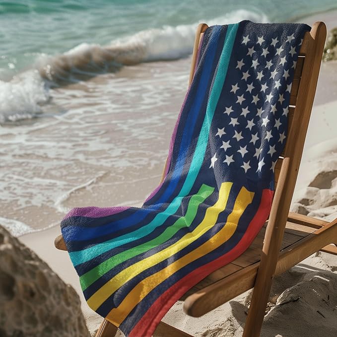 Neon Pride Flag Beach Towel 30”x60” - Soft Cotton Velour, Highly Absorbant, Quick Dry, Easy-Pack for Spring Break, Vacation, Beach, Pool - Lightweight, Compact for Travel - Novelty LGBTQ Gift