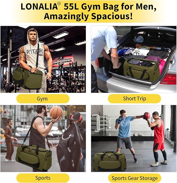 55L Large Sports Duffle Bag for Men - 22 Inch Heavy Duty Gym Duffel Bag (Olive Green)
