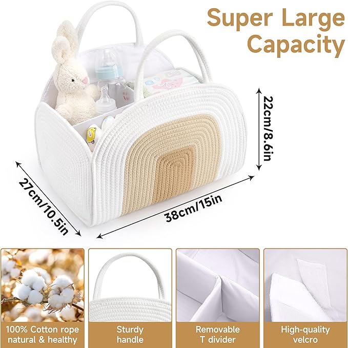 Baby Diaper Caddy Organizer, Cotton Rope Diaper Organizer for Changing Table, Sturdy Portable Nursery Baby Basket with Detachable Compartments, Baby Essentials for Newborn, Stylish Baby Shower Gifts