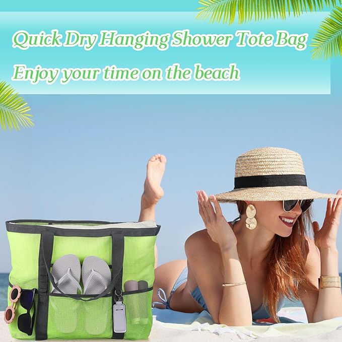 Hillban Large Beach Mesh Bags Bulk for Women Beach Tote Bag with 8 Pocket Zipper Waterproof Sandproof for Pool Cruise Ship
