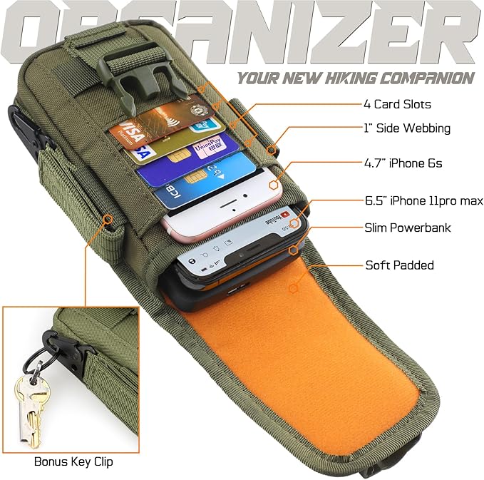 WYNEX Tactical Phone Pouch Molle,Smartphone Holster Bag EDC Utility Cellphone Lock Card Holder Organizer Fit for Waist Belt Case Include Tactical Gear Clip and U.S.A Patch
