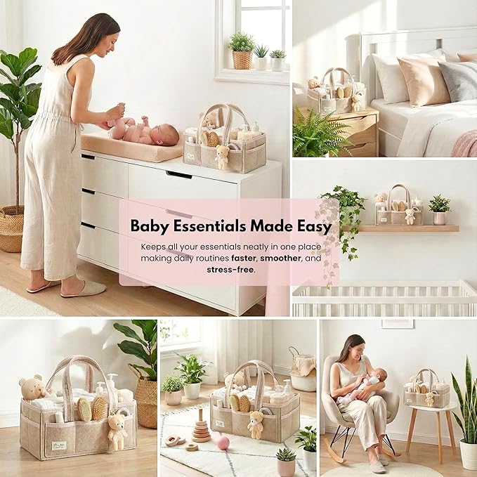PeraBella Baby Diaper Caddy Organizer, XL Baby Basket Shower Gift Caddy, Portable Felt Changing Table Basket, Nursery Storage Bin, Newborn Boy and Girl Essentials for Registry, Car Diaper Organizer