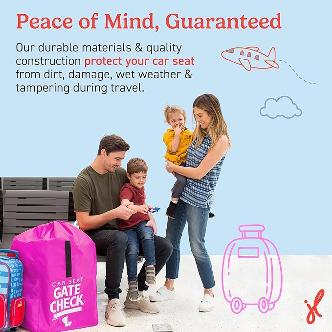 J.L. Childress Gate Check Travel Bag for Car Seats - Car Seat Travel Bag for Airplane, Includes AIRTAG Holder, Fits All Baby Car Infant Carriers & Child Booster Seats - Neon Pink