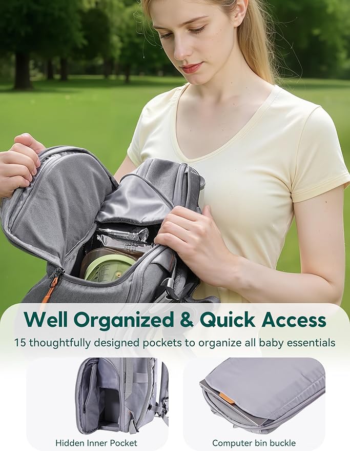 BABELIO Grid Wizard Diaper Bag Backpack - Multi Function Waterproof Diaper Bag, Travel Essentials Baby Bag with 4 Individual Organizers, Insulated Bottle Holders, Baby Shower Gifts, Grey