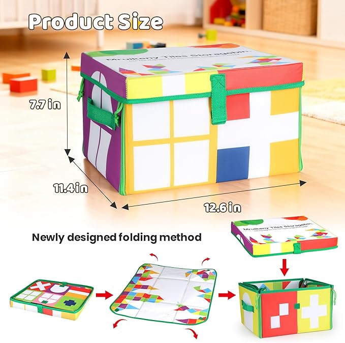 Magnetic Tiles Storage Bin & Interactive Playmat - Foldable Toy Organizer for Magnetic Tile, Portable Storage with Handles,12.6x11.4x7.7in Play Space for Home, Travel, Classroom