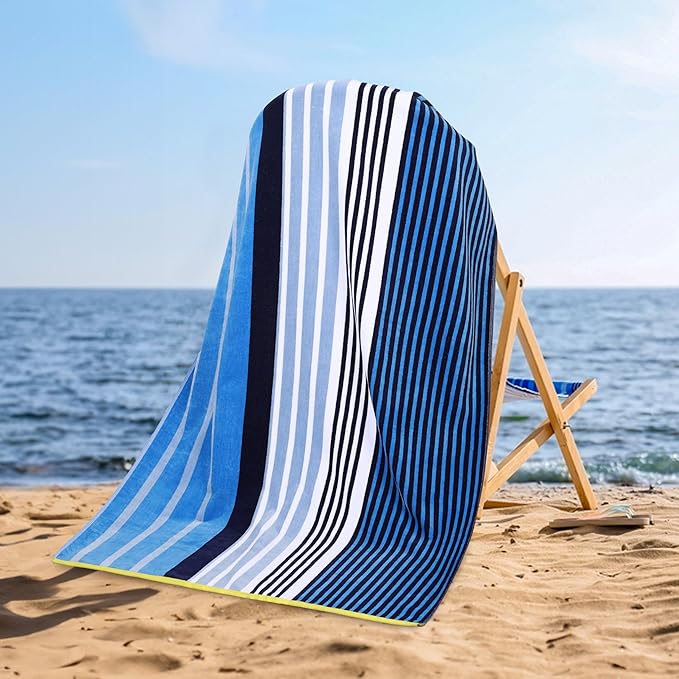 Superior Cotton Beach Towel, Absorbent Oversized Towel for Swimming Pool, Camping, Bathroom, Shower, Large, Quick Drying, Adults, Kids, Colorful, Mira Striped Collection, 68" x 34", Blue-Navy