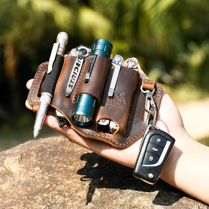 FLYHOMES Premium Full-Grain Genuine Cowhide Leather Multitool Sheath | Handmade Stitched Belt Organizer for Leatherman, Flashlight, Pen & EDC Tools | Multi-Tool Holster Pouch with Keychain Clip