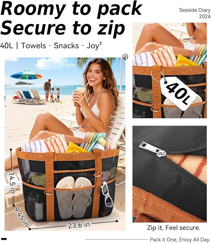 2026 Chic & Spacious XX-Large Beach Bag for Women — Mesh × Canvas Tote with Top Zipper, 11 Pockets, Detachable Pouch | 40L+ Spacious, 11 Tall Pockets, Zipper Pouch, Secure Zip-Top, Sand-Resistant Base