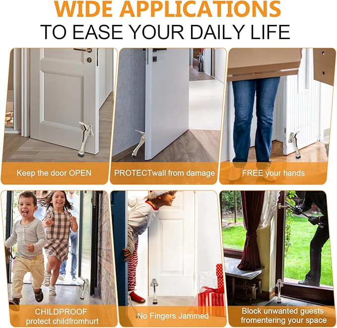 Kickdown Door Stopper 4 Inches - 2 Packs One Touch Adjustable Height Door Stop for The Bottom of Door Aluminum Alloy Metal Door Stopper with Rubber Tip & Wall Protectors for Wide Doors White