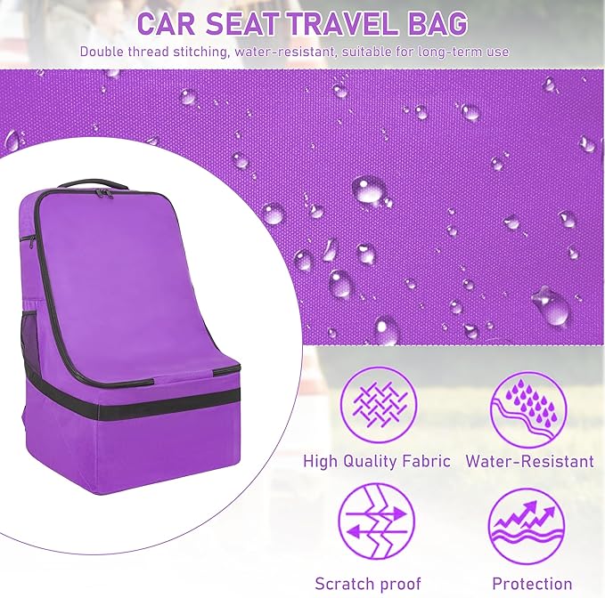 Padded Car Seat Travel Bag for Airplane, Heavy Duty Car Seat Bag for Air Travel Gate Check Carseat Carrier Bag with Shoulder Strap, Fits Most Baby & Infant Car Seats (Purple)