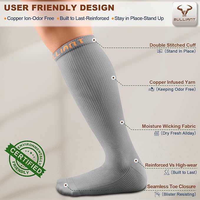 BULLIANT Compression Socks 3Pairs-15-20mmHg Circulation Support Men Women Hiking Sports Recovery-Upgraded Wicking Tech