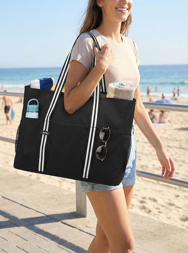 TeeYee 35L Large Beach Waterproof Tote Bag for Family Tote Bag with Zipper for Vacation Pool Bag Beach Accessories | Unisex Design, Oxford PVC fabric, Extra large shopper, Gym travel bag, Multi compartments