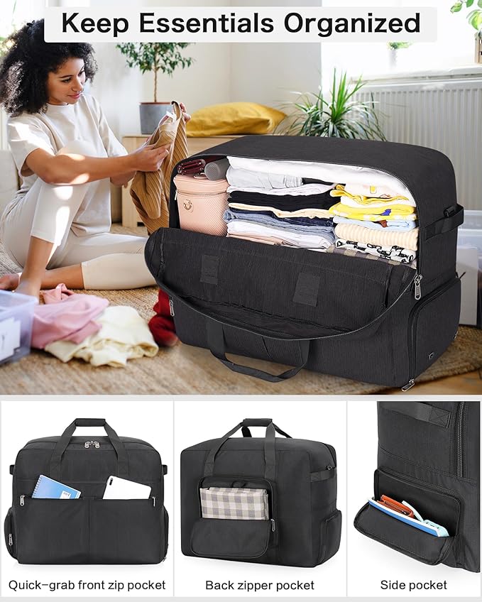 80L Foldable Large Travel Duffle Bag for Men and Women, Packable Duffel Bags with Shoe Compartment, Water Repellent & Tear Resistant (Black)