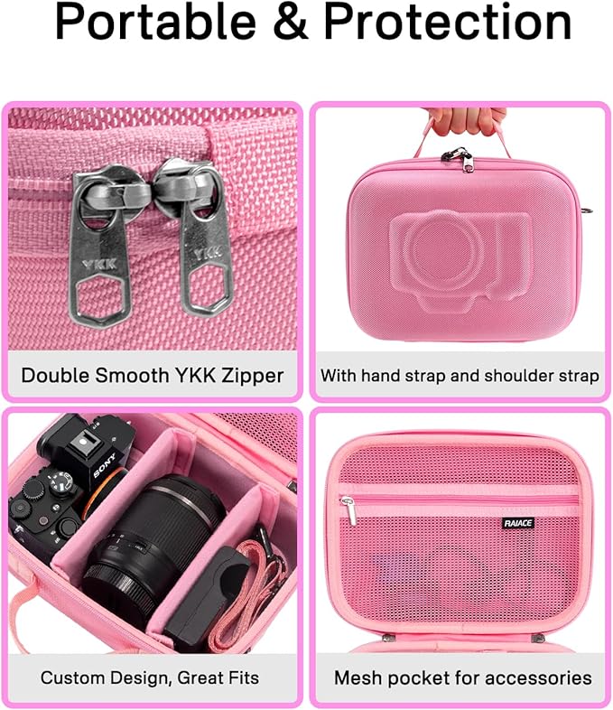 RAIACE Hard Case Compatible with Sony Alpha 7 II III IV/7R V Camera, for Nikon, for Canon, for Pentax and More. Mesh Pocket for Charger, Cables, Cards and Accessories. (case only) - Pink