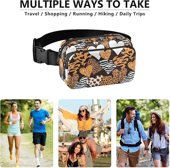Leopard Zebra Print Heart Fanny Pack for Women Men Water Resistant Fashion Waist Packs with Adjustable Strap Belt Bag for Travel Workout Jogging Hiking 21219450