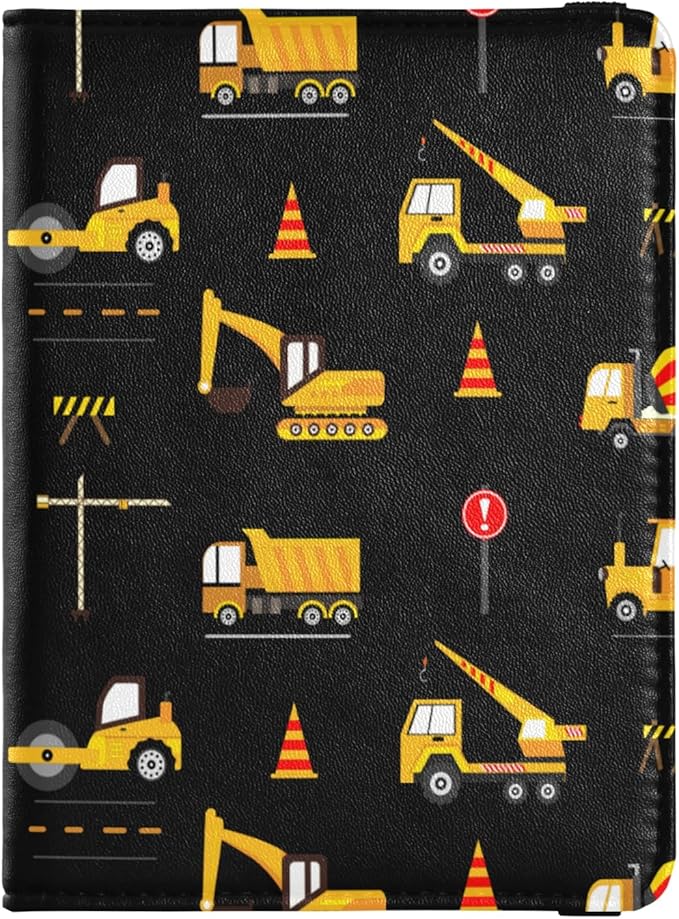 linqin Cute Construction Machinery for Kids Passport and Vaccine Card Holder Combo Leather Passport Case 4x3 CDC Vaccination Card Protector/Covers Waterproof Wallet for Travel