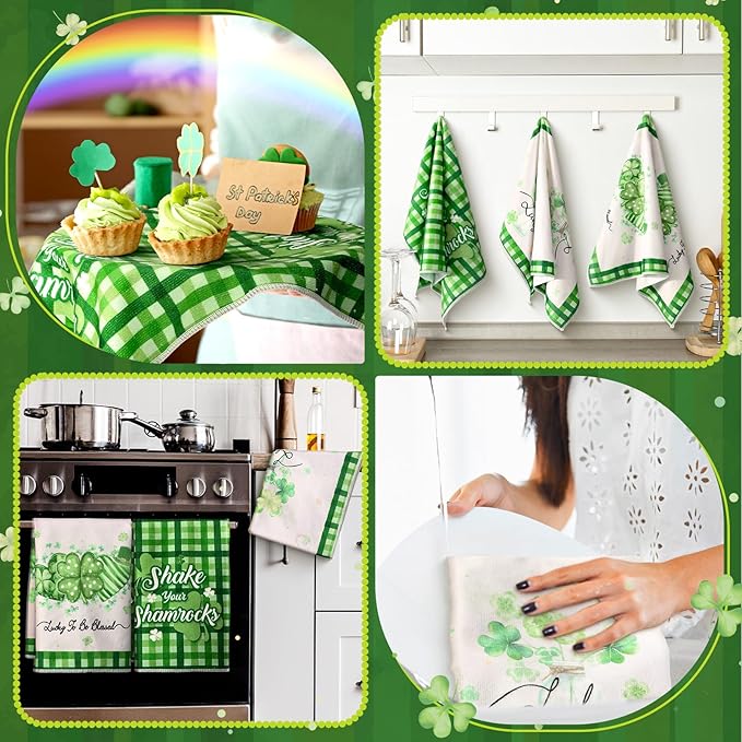 Bencailor 6 Pcs St Patrick's Day Kitchen Towels Shamrocks Gnomes Hand Dish Towels Green Buffalo Plaid Tea Cloth for St Patricks Day Irish Party Festival Gifts Bathroom Home Decor, 16 x 24 Inch