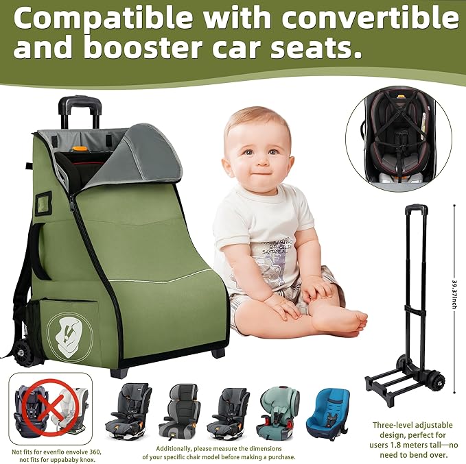 Car Seat Travel Bag with Wheels for Airplane, Waterproof Padded Car Seat Carrier Backpack for Airport, Fits Infant & Convertible Seats，Green