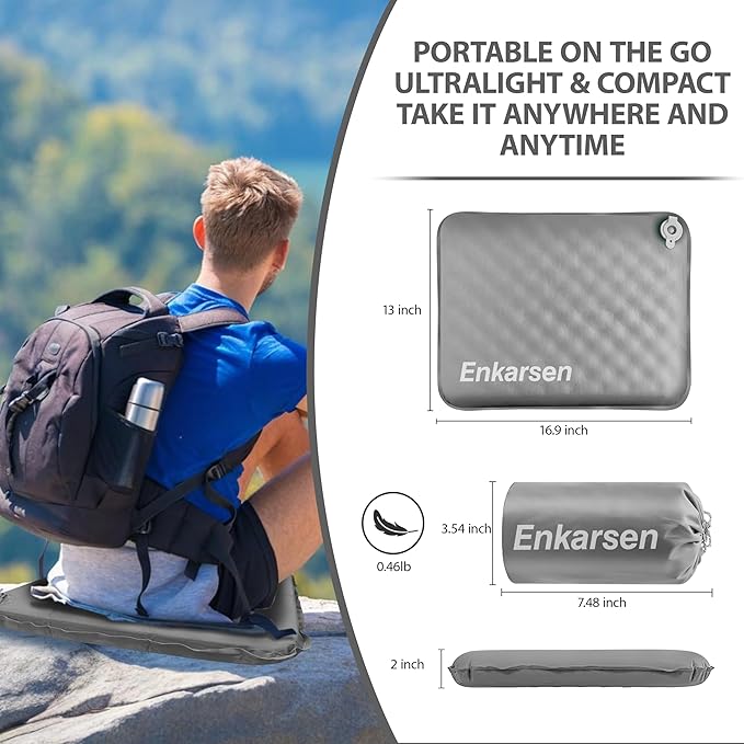 Inflatable Travel Seat Cushion – Self-Inflating Memory Foam Pad for Airplane, Stadium Bleachers, Camping, Hiking & Backpacking – Ultralight Compact & Portable Sitting Cushion (Grey)