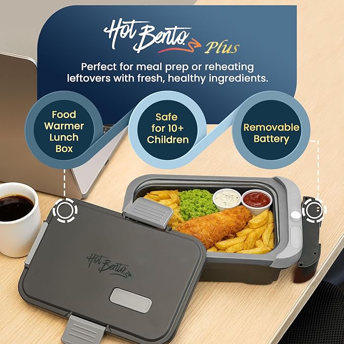 Hot Bento PLUS Self Heated Lunch Box and Food Warmer Removeable Battery Powered, Portable, Cordless, Hot Meals for Office, Travel, Jobsite, Picnics, Outdoor Recreation, Kitchen Meal Prep (Ebony)