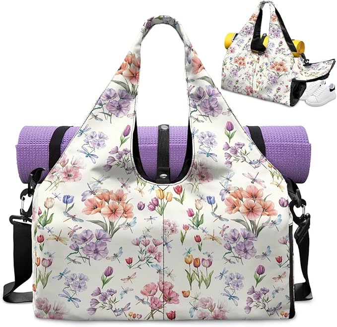 Tulip Floral Print Gym Bag for Women Duffle Bag with Shoe Compartment and Yoga Mat Holder Carry On Tote Bags for Sports Travel Hospital Fitness Swim Elegant Tote Bags with Zipper