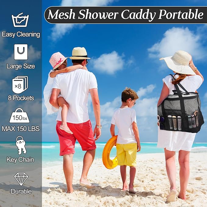 Hillban Large Beach Mesh Bags Bulk for Women Beach Tote Bag with 8 Pocket Zipper Waterproof Sandproof for Pool Cruise Ship